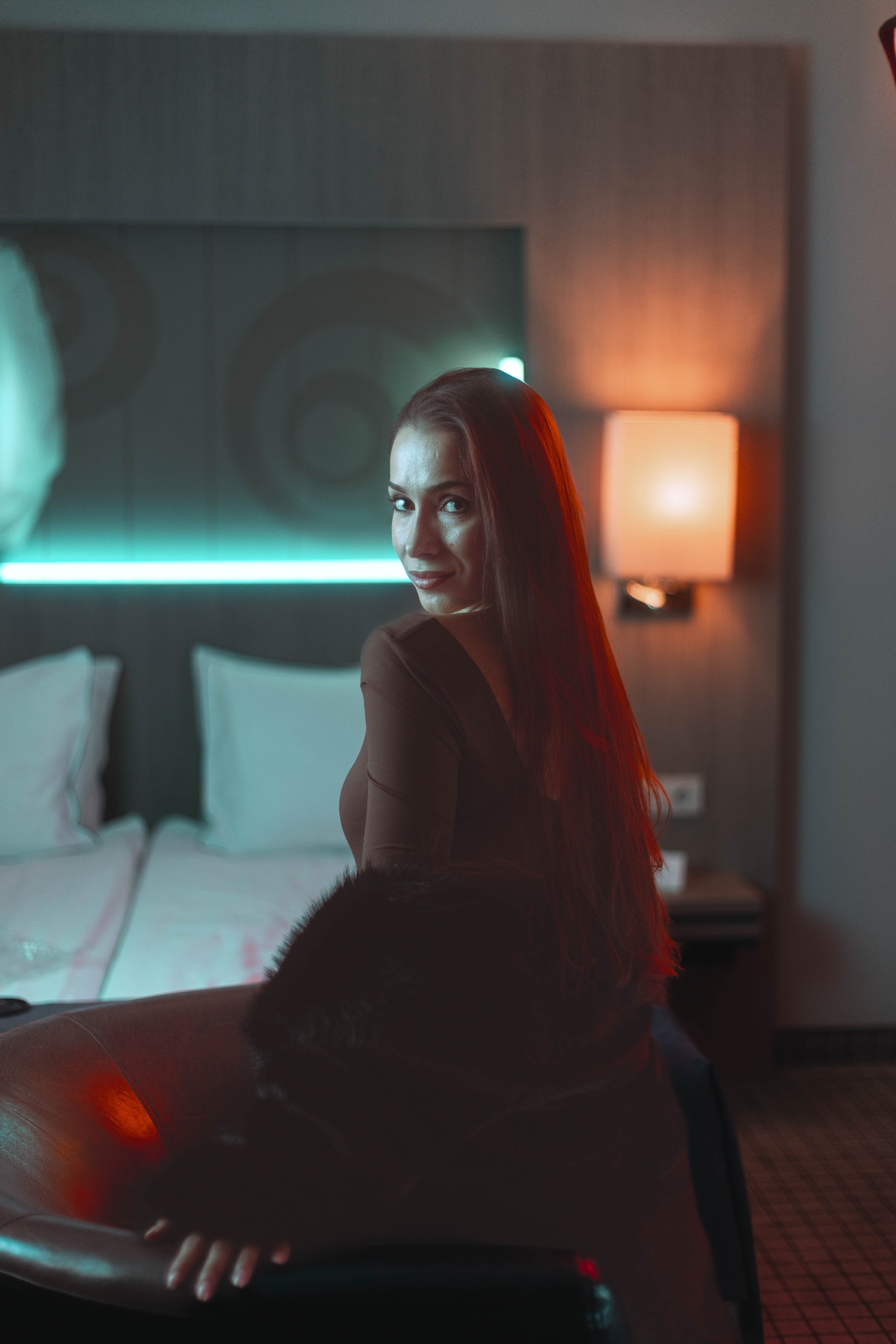 Luxury portrait study, neon teal rim light, painterly contrast
