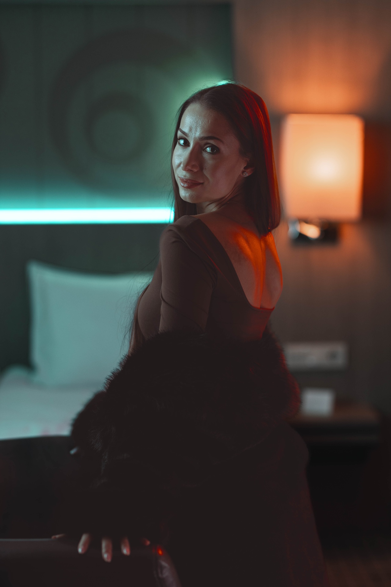 Editorial portrait, emerald and ember interplay