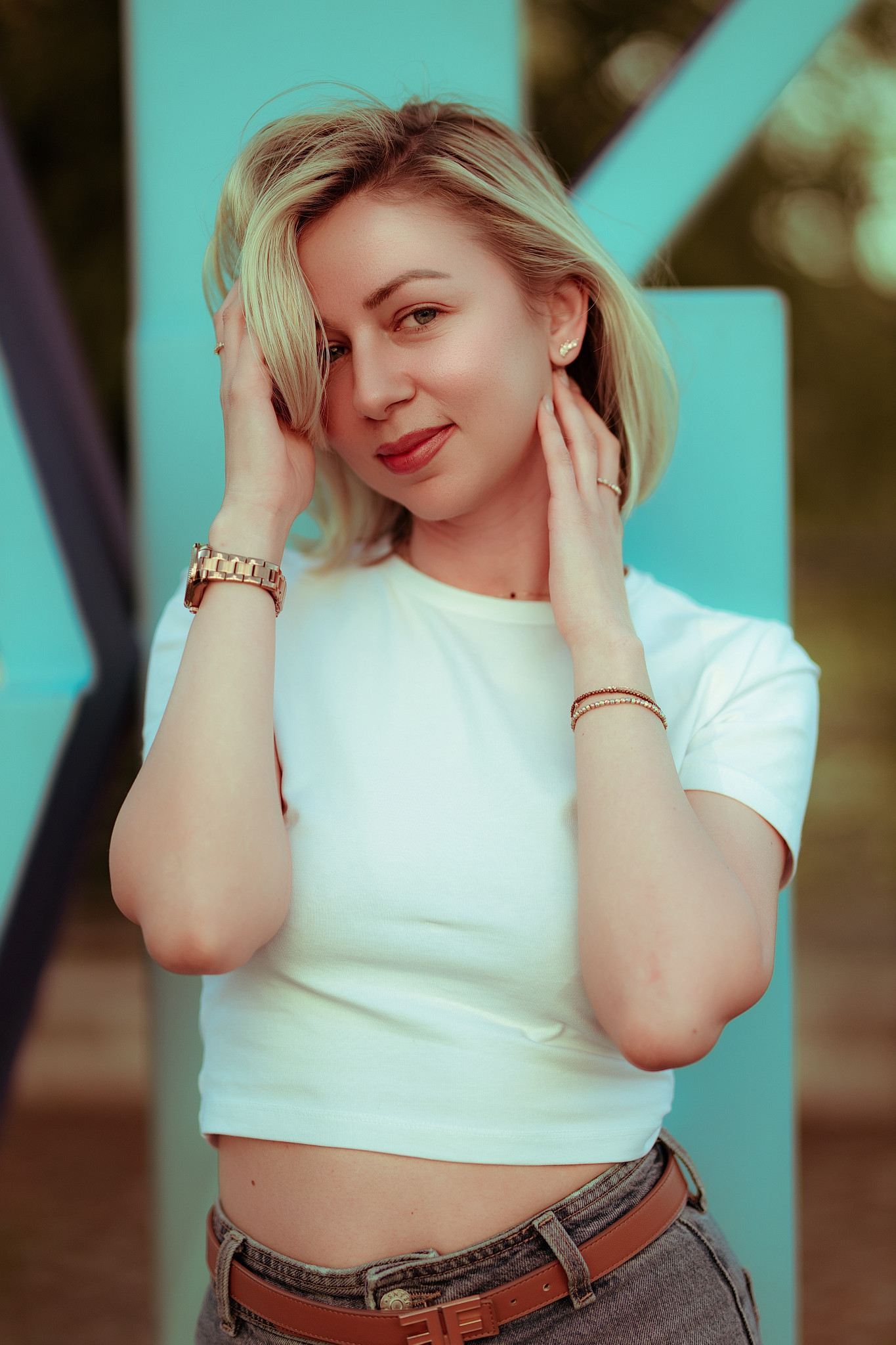 Brand campaign, white tee, blonde portrait, clean editorial light
