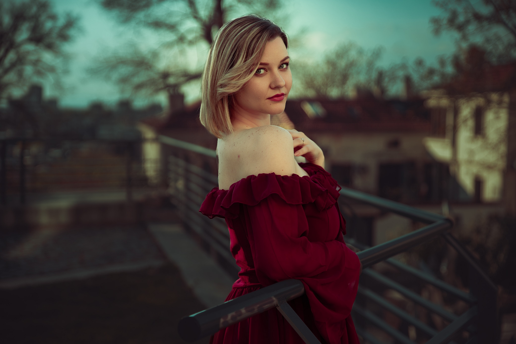 Fashion film, red dress outdoor, golden hour landscape balcony